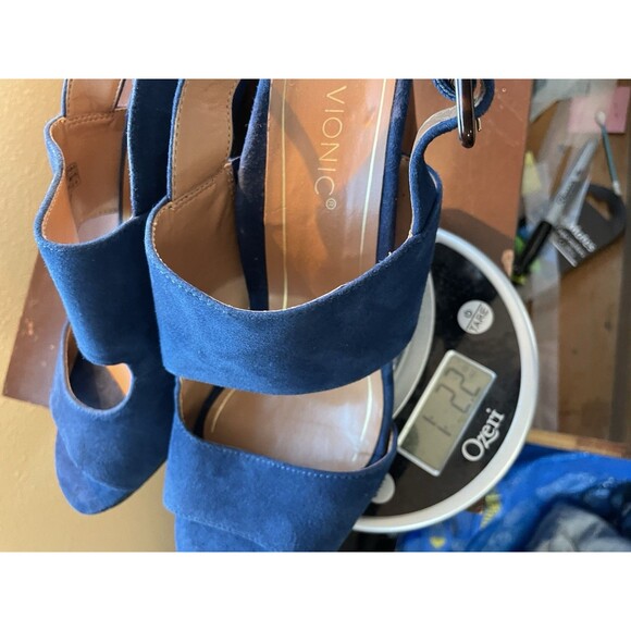 Vionic Women's Perk Bianca Suede Blue Heel Sandal Tortoise Buckle Size 8 Arch - Picture 11 of 13